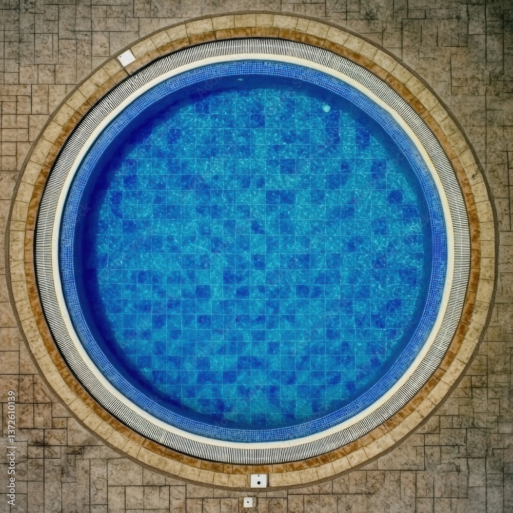 Aerial view of a round swimming pool featuring a tiled floor surrounded by lush greenery and outdoor relaxation space Aerial view of a round swimming pool featuring a tiled floor surrounded by lush greenery and outdoor relaxation space