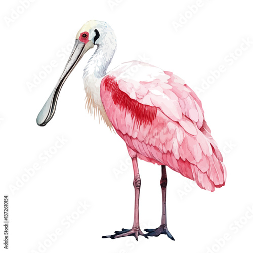 A watercolor vector of a roseate spoonbill, isolated on a white background. Roseate spoonbill vector.

