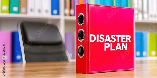 A red binder labeled 