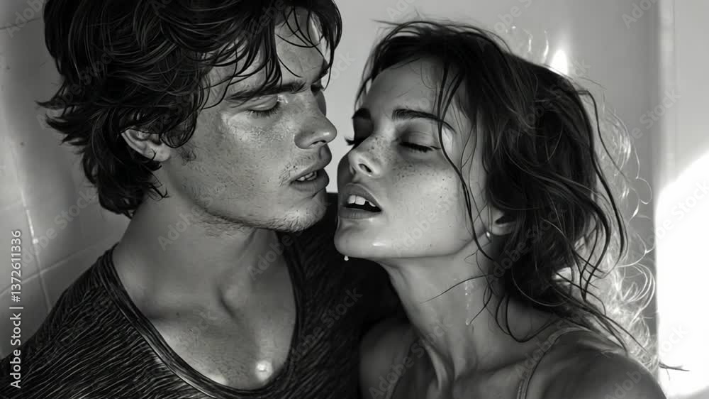 Close-up intimate couple, sweat, passionate kiss, bathroom setting, possible use for print ads, relationship magazines