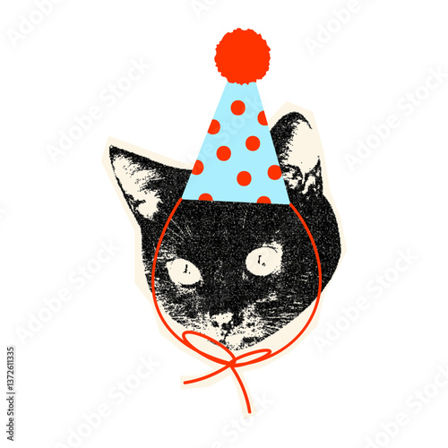 Cute pixel cat in party hat. Sticker with vintage texture.