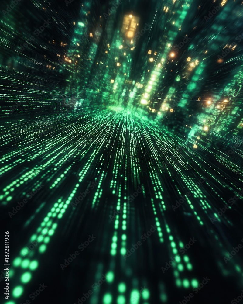 Abstract digital stream of green data dots flowing into the distance with city lights glow futuristic perspective Abstract digital stream of green data dots flowing into the distance with city lights glow futuristic perspective