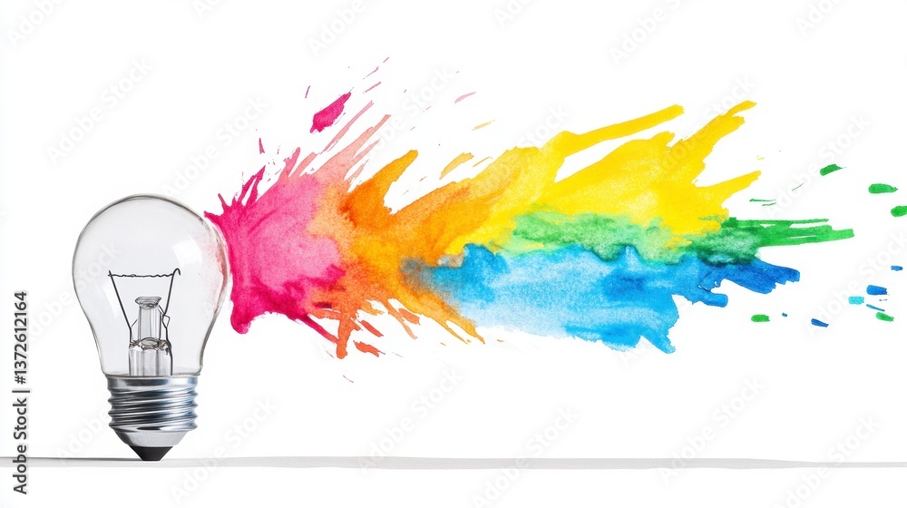 Obraz premium A lightbulb with vibrant watercolor paint splashes radiating outwards, symbolizing creativity and innovation. The image is bright, colorful, and dynamic, conveying a sense of energy and inspiration.