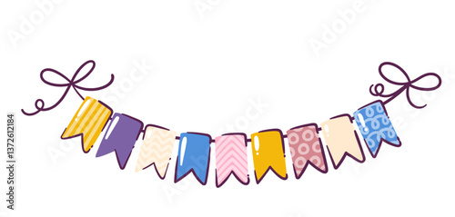 Carnival garland with flags, birthday bunting. Funny hanging string of colorful pennant with different pattern. Party, event decoration, mascot, garland cartoon vector illustration