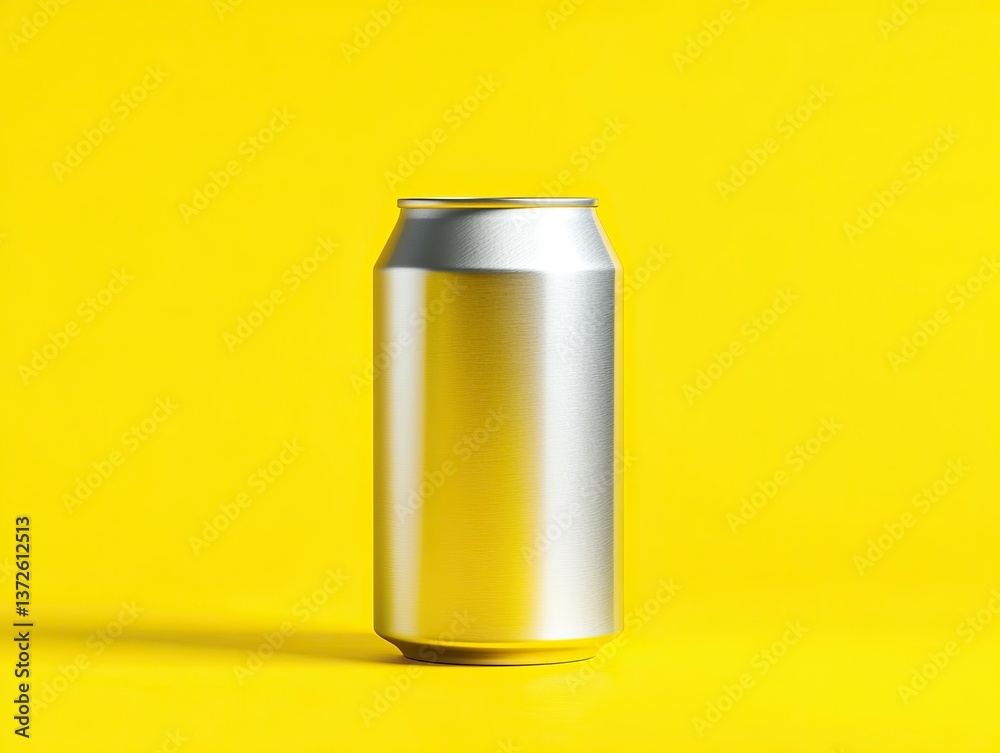 Silver metal beverage container on a solid yellow background, centered. Minimalist, bright, and clean look.