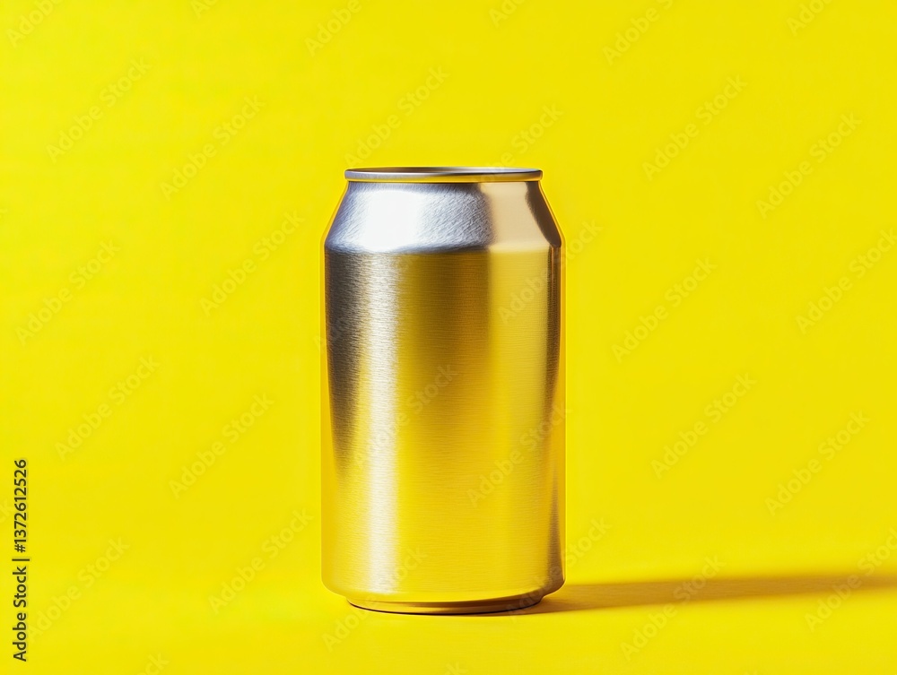 Silver can against a bright yellow backdrop, creating a minimalist and vibrant studio shot. Silver can against a bright yellow backdrop, creating a minimalist and vibrant studio shot.