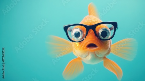 Goldfish with oversized glasses swimming in a blue aquarium water background, showcasing funny and whimsical aquatic life moment with wide eyes.
