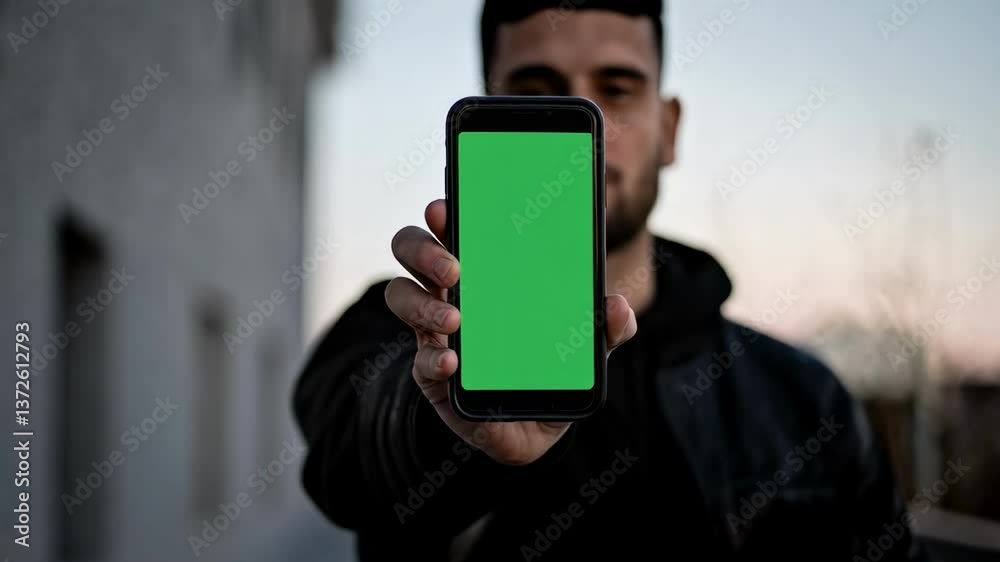 Close up shot of guy holding a smartphone with chroma key mock up green screen - technology, connections, communications concept