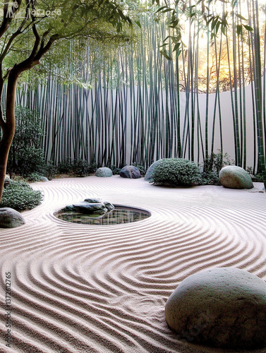 Tranquil Zen Garden with Bamboo and Rippling Sand Patterns