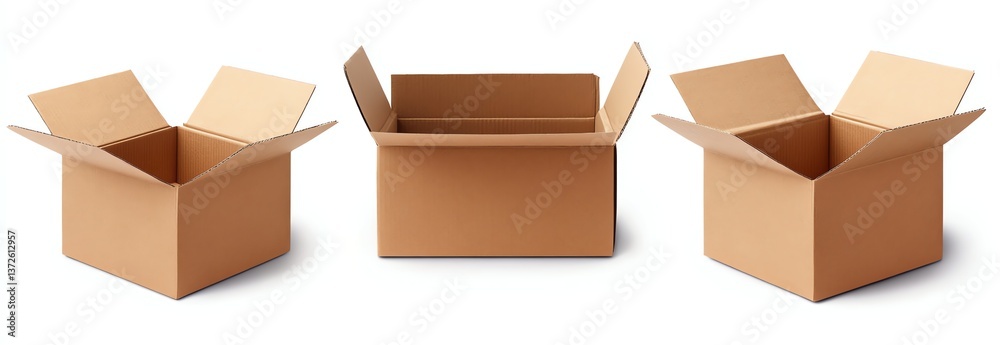 Three Open Cardboard Boxes Arranged on White Background for Packaging Three Open Cardboard Boxes Arranged on White Background for Packaging
