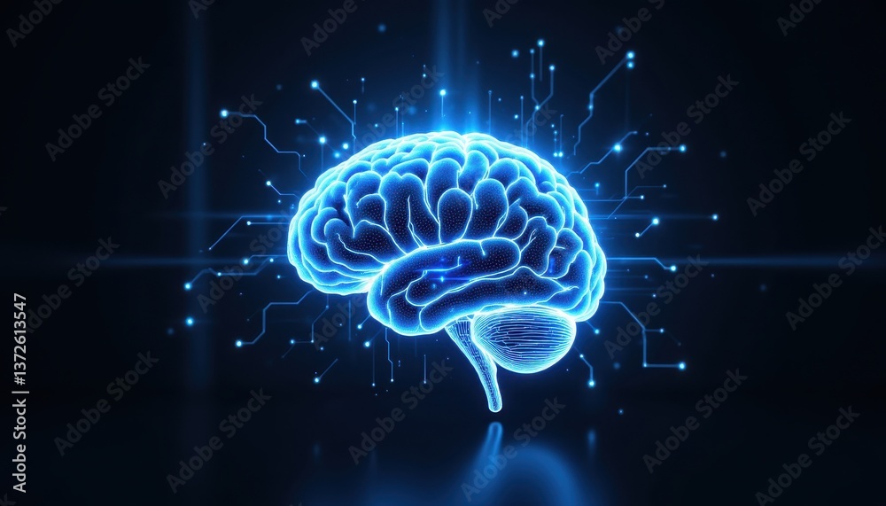 Fototapeta premium Glowing Brain with Digital Circuits Representing Technology and Intelligence
