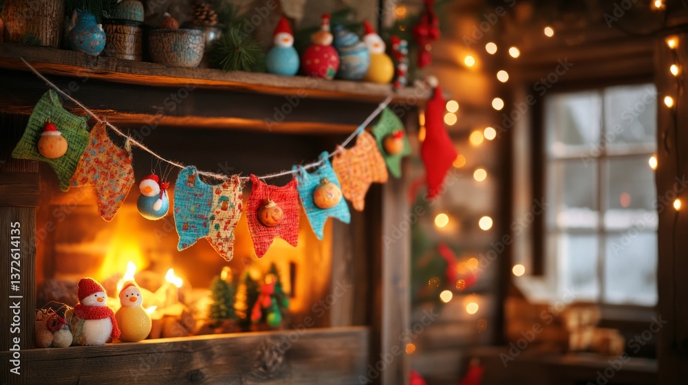 Naklejka premium easter eggs festive decorations. Cozy Christmas Fireplace with Handmade Decorations.
