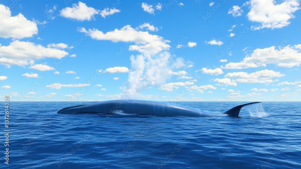 Fototapeta premium Majestic whale breaching the ocean surface under a clear blue sky with water spouts erupting from its blowhole