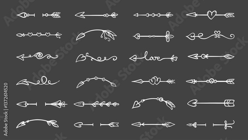 Cupids arrows white chalk line icons set on black chalkboard. Outline hand drawn vintage arrows with ornaments, fancy decor and hearts. Love, invitation mascot, dividers icons vector illustration