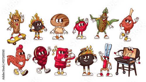 Groovy BBQ cartoon characters set. Funny retro beefsteak and chicken, ribs, brazier and tongs to grill. Barbecue food and tools mascots, cartoon BBQ collection stickers of 70s 80s vector illustration