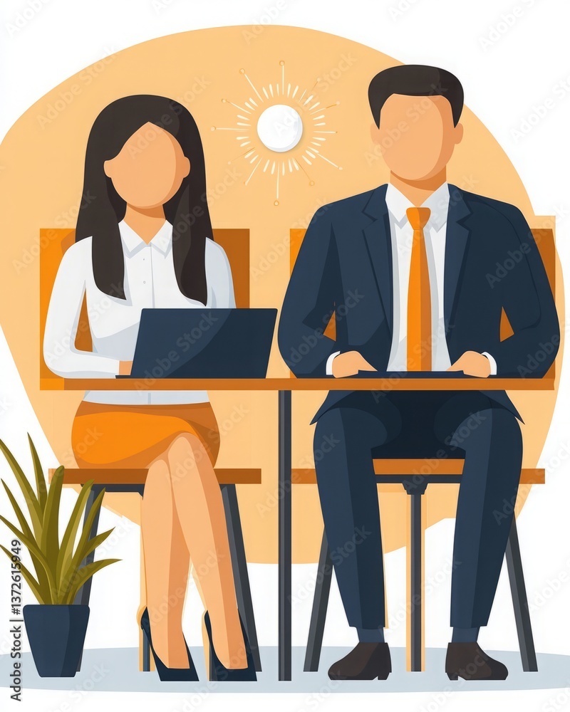 Phygital experience innovation. A digital illustration of two professionals seated at a table with a laptop, a plant, and a sun motif in the background, conveying a bright business atmosphere. Phygital experience innovation. A digital illustration of two professionals seated at a table with a laptop, a plant, and a sun motif in the background, conveying a bright business atmosphere.