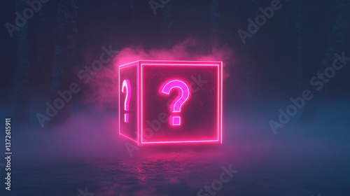 Mysterious glowing question mark cube in a dark foggy forest creating an atmosphere of intrigue and curiosity for abstract, futuristic themes