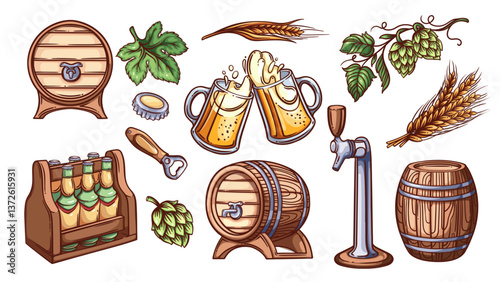 Beer party in pub and restaurant line icons set. Outline hand drawn old wooden barrel and keg, box carrier, tap and bottle opener. Oktoberfest mascots, color icons collection vector illustration