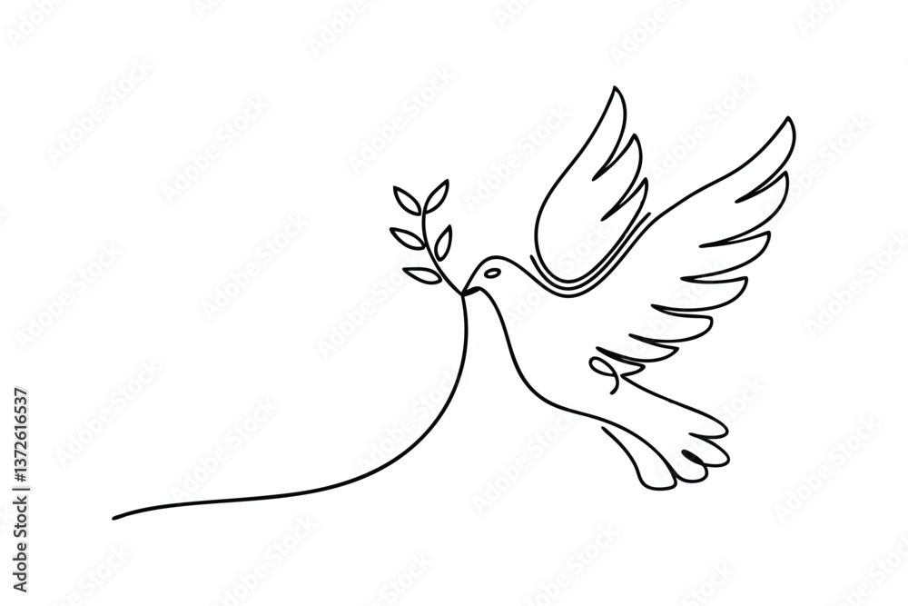 Fototapeta premium SingleLine Dove Illustration Peace, Hope, Olive Branch, Flight, Symbol