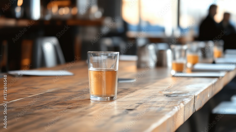A glass of light amber liquid sits on a rustic wooden table in a blurred restaurant setting. Soft natural light illuminates the scene. A glass of light amber liquid sits on a rustic wooden table in a blurred restaurant setting. Soft natural light illuminates the scene.