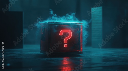 Mysterious glowing box with question mark symbol surrounded by smoke in a dimly lit environment, evoking curiosity and intrigue