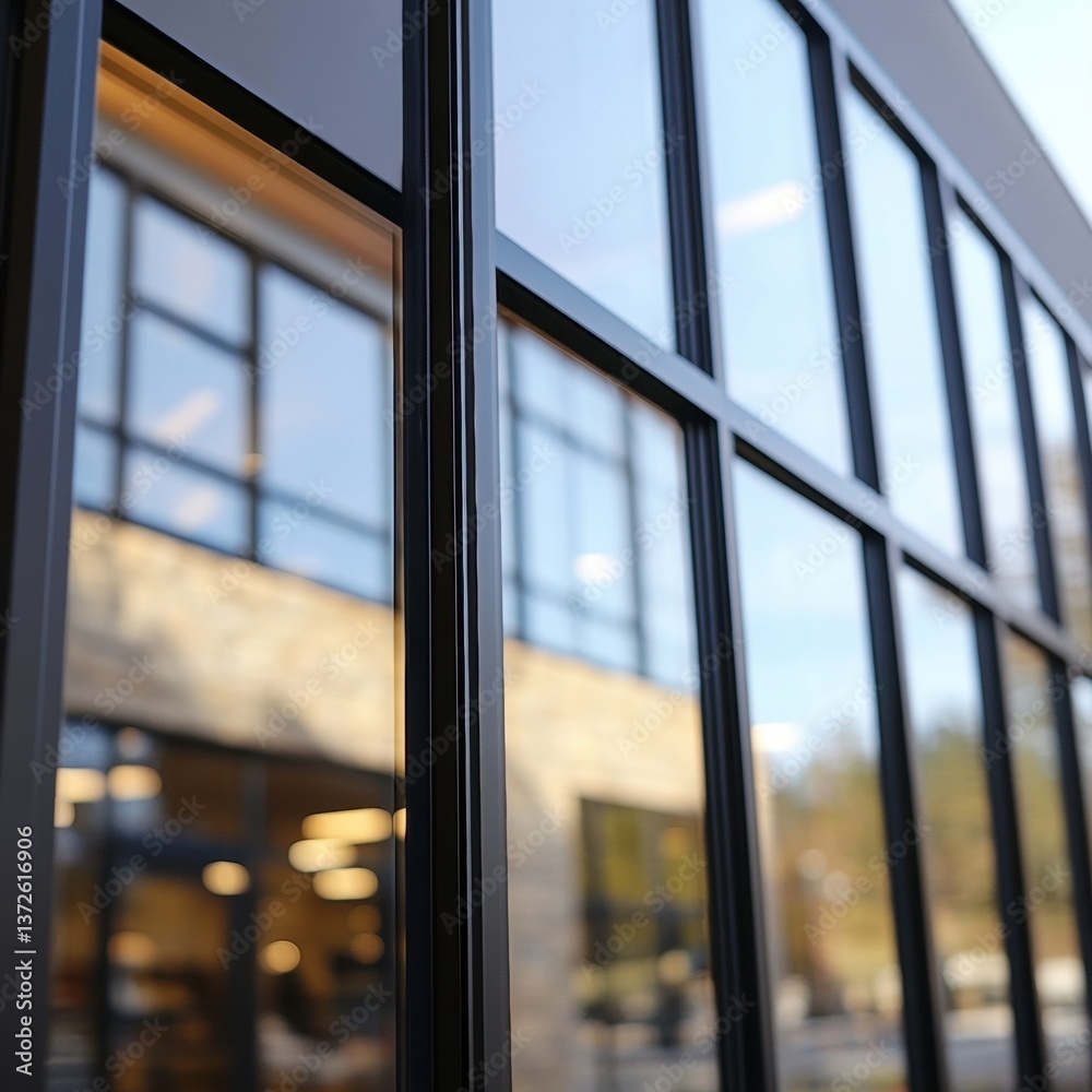 Fototapeta premium A clear corporate window pane capturing the urban landscape reflection and showcasing modern architecture in the city