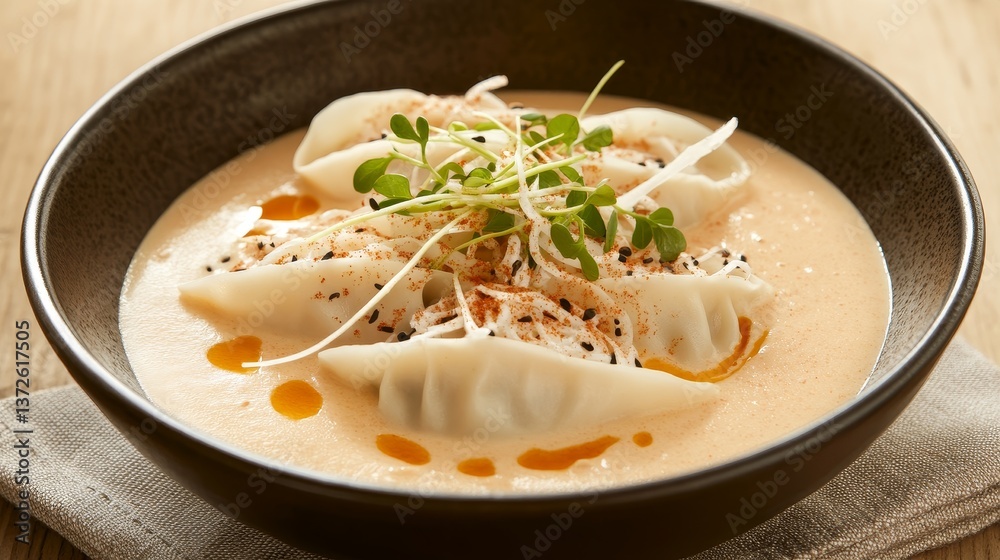 Gourmet wonton dumpling soup cozy kitchen culinary delight warm ambiance close-up flavorful experience Gourmet wonton dumpling soup cozy kitchen culinary delight warm ambiance close-up flavorful experience