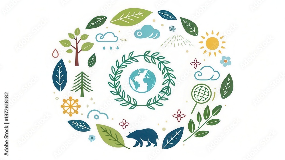 Fototapeta premium Environmental awareness day concept. Illustration depicting nature and the Earth surrounded by leaves and elements of the environment.