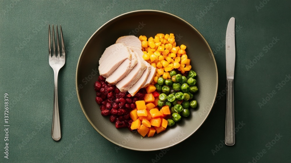Freshly Plated Healthy Dish with Chicken, Colorful Vegetables and Fruits Arranged on a Modern Table Setting for Nutritious Meal Preparation and Presentation Freshly Plated Healthy Dish with Chicken, Colorful Vegetables and Fruits Arranged on a Modern Table Setting for Nutritious Meal Preparation and Presentation