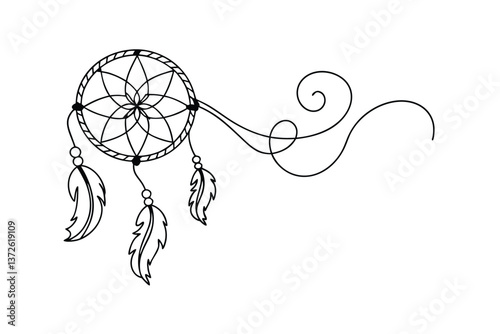 Native American Dreamcatcher Outline, Feathers, Beads, and Swirls