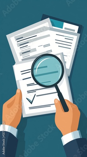 Detailed document review process with hands holding papers and magnifying glass, symbolizing careful examination and verification of business or legal documents