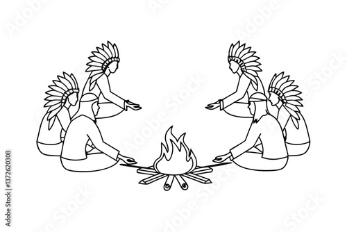 Native American Ceremonial Fire Indigenous People Gathering Around Campfire