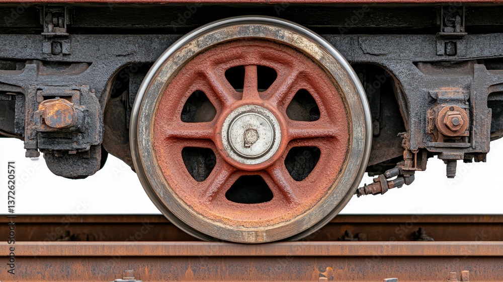 Close up view of a rusty train wheel on aged railroad tracks against a white background. The wheel shows significant wear and discoloration, exhibiting signs of rust and age. Close up view of a rusty train wheel on aged railroad tracks against a white background. The wheel shows significant wear and discoloration, exhibiting signs of rust and age.