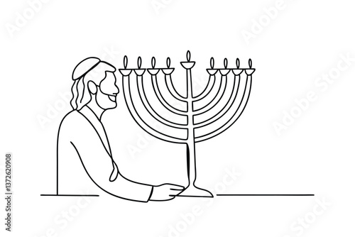 Hanukkah Celebration Man Lighting NineBranched Menorah Candles