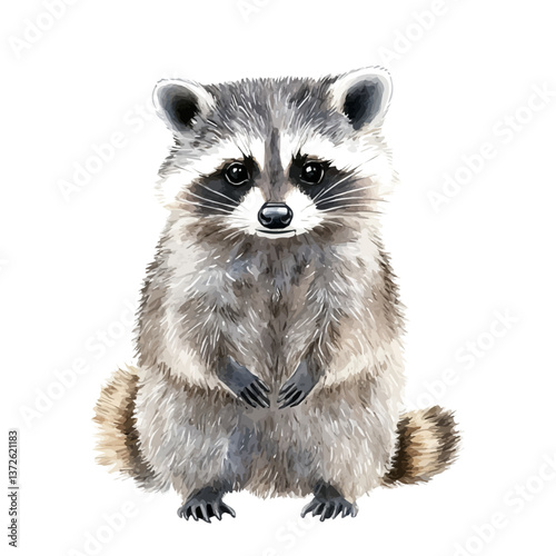 A watercolor vector of a raccoon, isolated on a white background. Raccoon vector.

