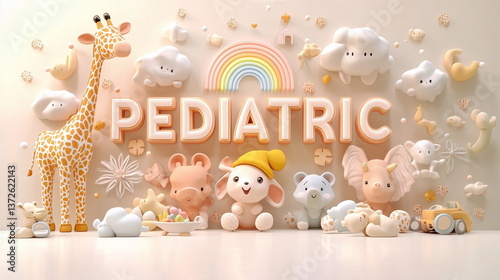 Abstract background. A cute pediatric-themed wallpaper with playful giraffes, elephants, colorful clouds, rainbows, and flowers in soft pastel tones. Cheerful design for hospital decor.