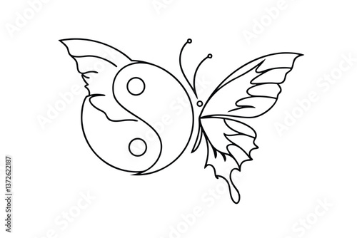 Yin Yang Butterfly Symbol Harmony Balance Nature Design Art Line Drawing