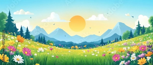 Vibrant spring meadow landscape with colorful flowers and majestic mountains under a bright sun illustration
