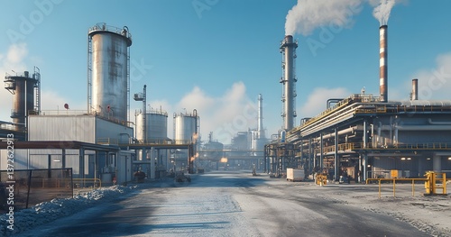 A large industrial plant processing fuel and emitting steam into the sky