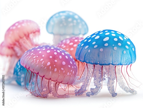Captivating jellyfish group with vibrant colors on a white background in studio shot with soft lighting