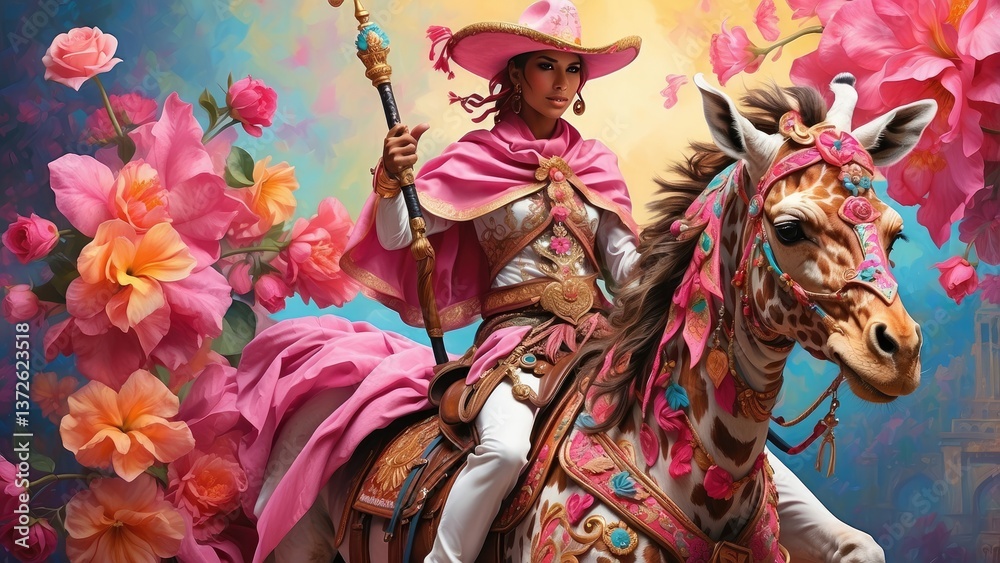 Fototapeta premium A person in a vibrant pink costume adorned with flowers rides a decorated horse.