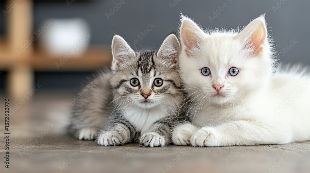 Fototapeta premium Two adorable kittens, one grey tabby and one fluffy white, cuddle together on a wooden floor. Soft, natural light illuminates the scene.