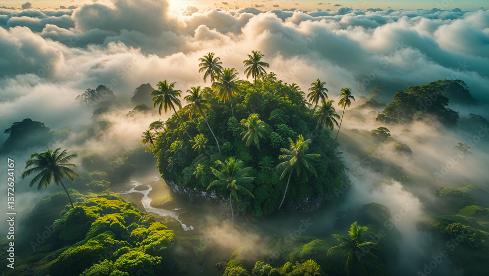 Fototapeta premium A mystical island paradise veiled in morning mist, a hidden sanctuary of lush palms and vibrant green, bathed in golden sunrise light.