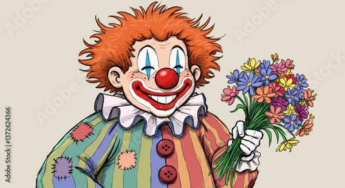 Drawn April Fools Clown Holding Flowers Illustration - A cheerful cartoon clown, drawn in a whimsical , holds a vibrant bouquet of flowers. The symbolizes joy, laughter, silliness, spring photo