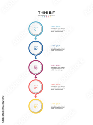 A thin vector infographic line is placed in a vertical row. Concept of 5 successive steps of the project development process. Business concept with 5 options or steps.