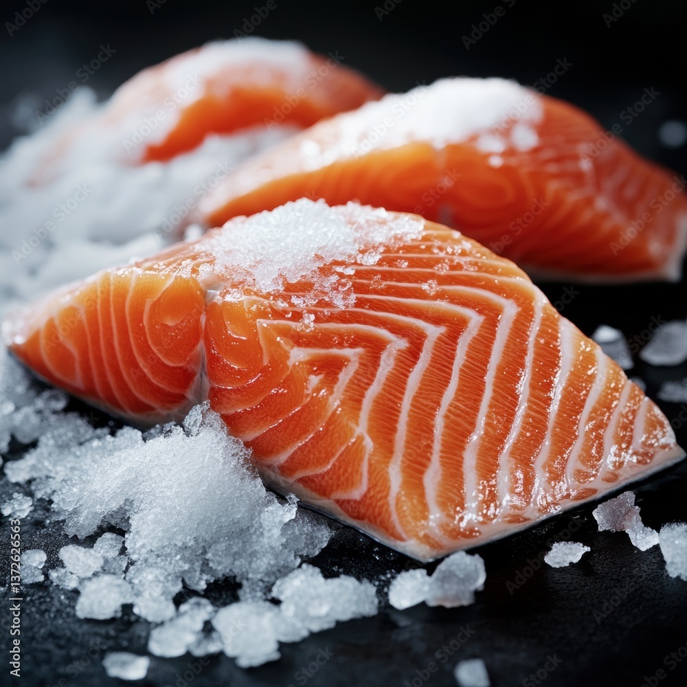 Fresh piece of salmon on a table with a black background highlighting the rich color and quality of the fish Fresh piece of salmon on a table with a black background highlighting the rich color and quality of the fish