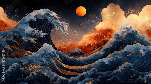 Majestic Ocean Waves Under A Golden Sky. Serene, Powerful, Nature-Inspired Artwork.