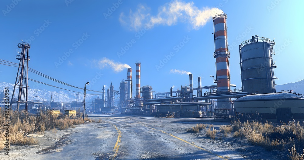 Obraz premium An industrial plant complex with pipes and smoke emissions in daylight