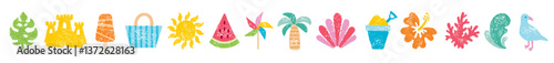 Summer beach icon. Sea vacation vector. Crayon doodle sticker set with sun, palm, shell, flower, watermelon, coral, sand castle. Chalk travel illustration. Summer holiday element. Crayon sea beach bg