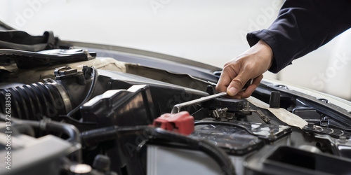 Wallpaper Mural Mechanic. Auto service shop. Hands of mechanic repairing engine, car battery under hood at repair shop Torontodigital.ca
